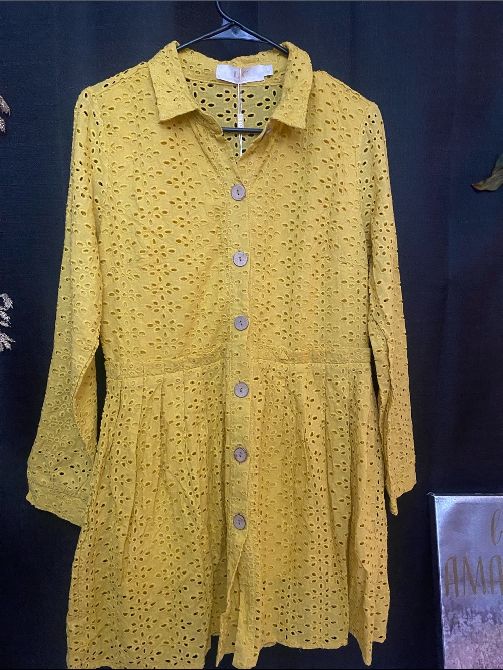 NWT SZ L Lizette Collection Yellow Eyelet Button-Front Shirt Dress